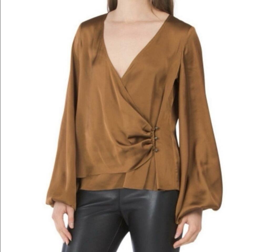 Ramy Brook Sandra Blouse Small Copper Brown Satin Surplice Wrap Office Comfy